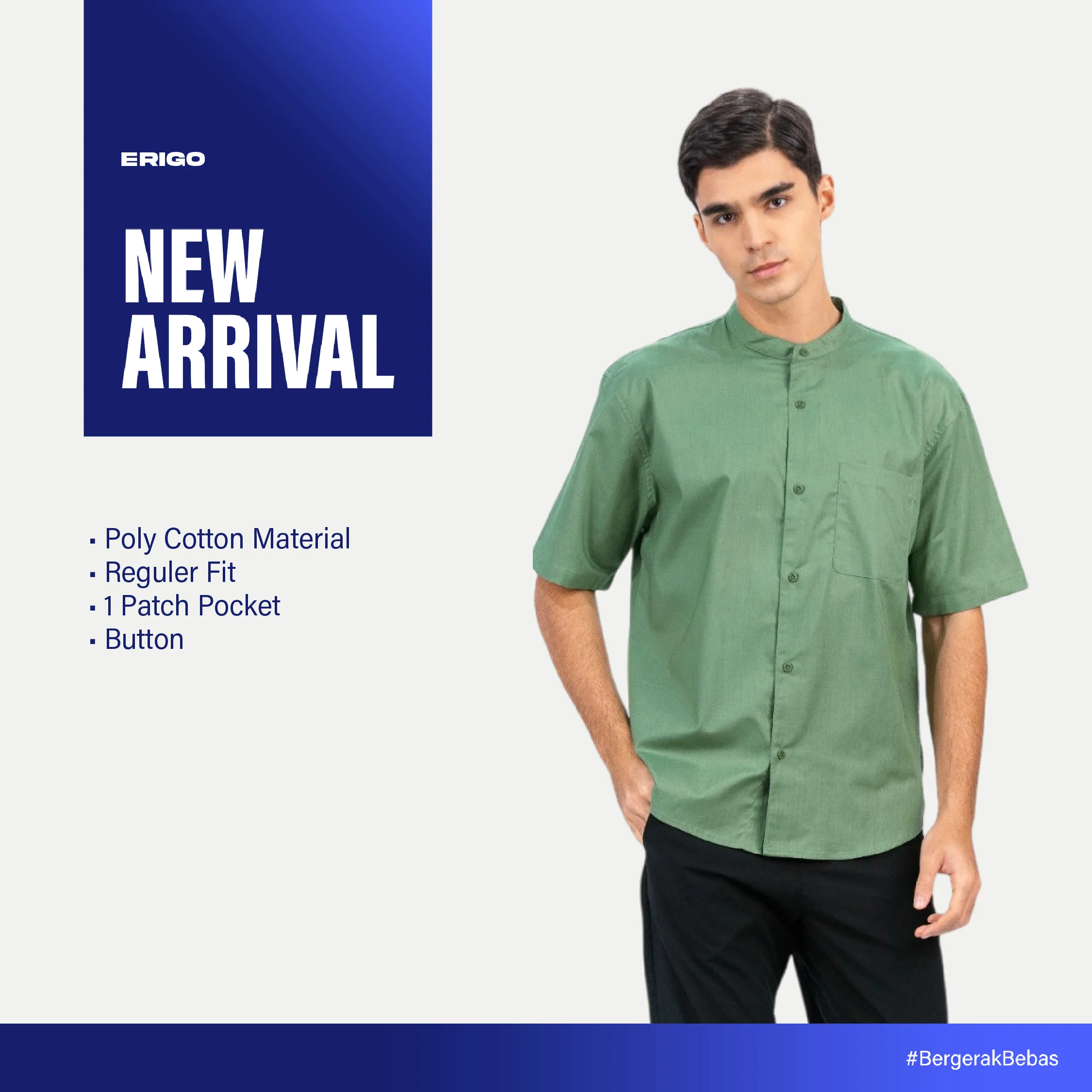 Erigo Shanghai Short Sleeve Basic Farhan Sage Green - Kemeja Koko Lengan Pendek Unisex
